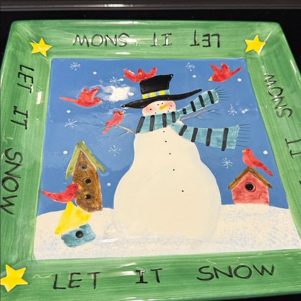 Snowman Ceramic Plate with Green Border
